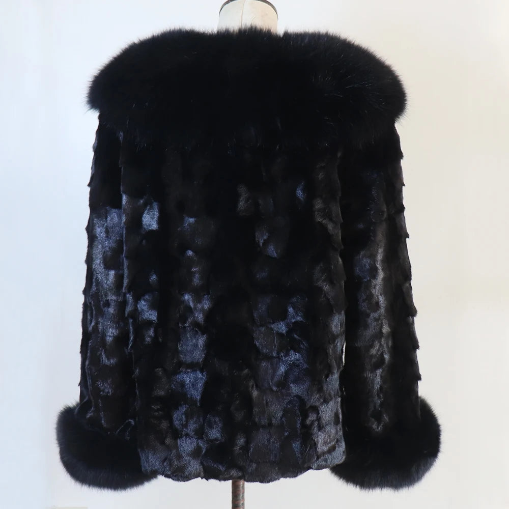 Women's Winter Real Mink Fur Coat with Fox Fur Collar 100% Natural Thick Warm Genuine Jacket Ladies' Outerwear