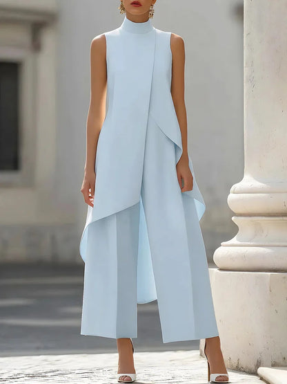 Womens Matching Sets 2026 Summer Fashion Sleeveslee Ensemble 2 Piece Woman Elegant Irregular Design Straight Pants Simple Style