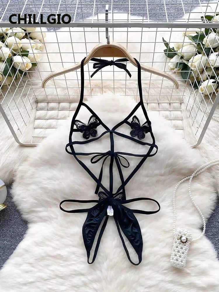 CHILLGIO Women Transparent Sexy Butterfly Bodysuits Erotic Fashion One Piece Tight Onesie Slim Catsuits Strappy Rompers Lingerie