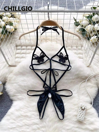 CHILLGIO Women Transparent Sexy Butterfly Bodysuits Erotic Fashion One Piece Tight Onesie Slim Catsuits Strappy Rompers Lingerie
