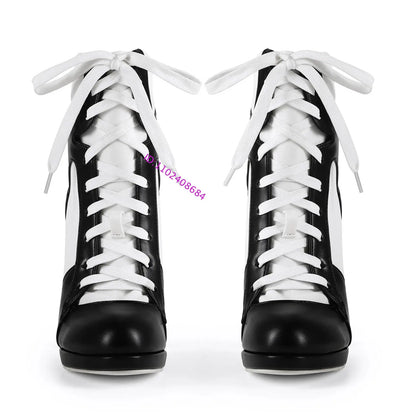 Women High Heel Black White Sports Ankle Boots Slim High Heel Lace Up High Top Sport Boots Plus Size 43
