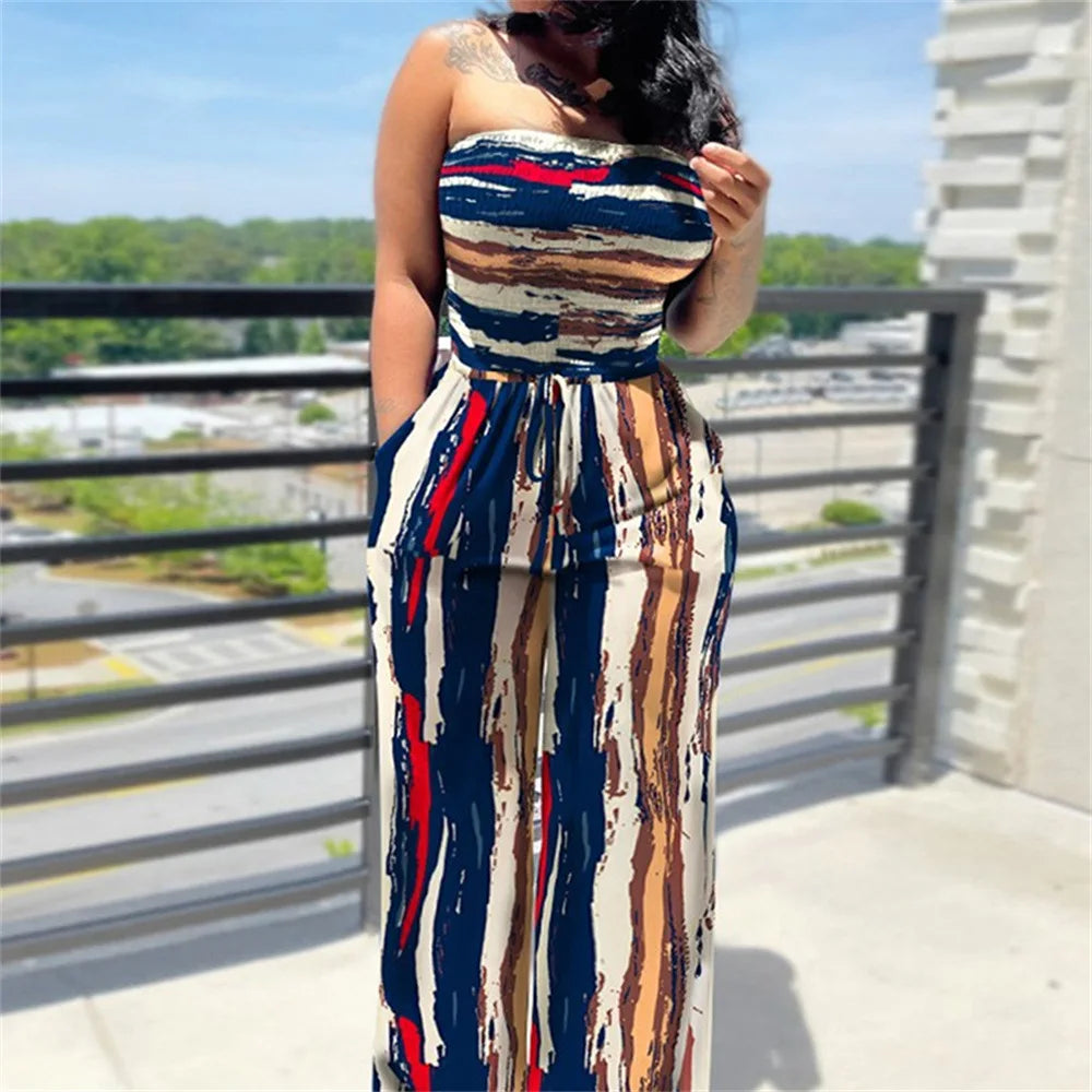 Women's Sexy Strapless One Piece Printed Pants Summer Fashion Lace Up High Waisted Slim Sleeveless Female Beach Holiday Jumpsuit
