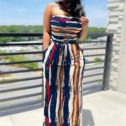 Women's Sexy Strapless One Piece Printed Pants Summer Fashion Lace Up High Waisted Slim Sleeveless Female Beach Holiday Jumpsuit