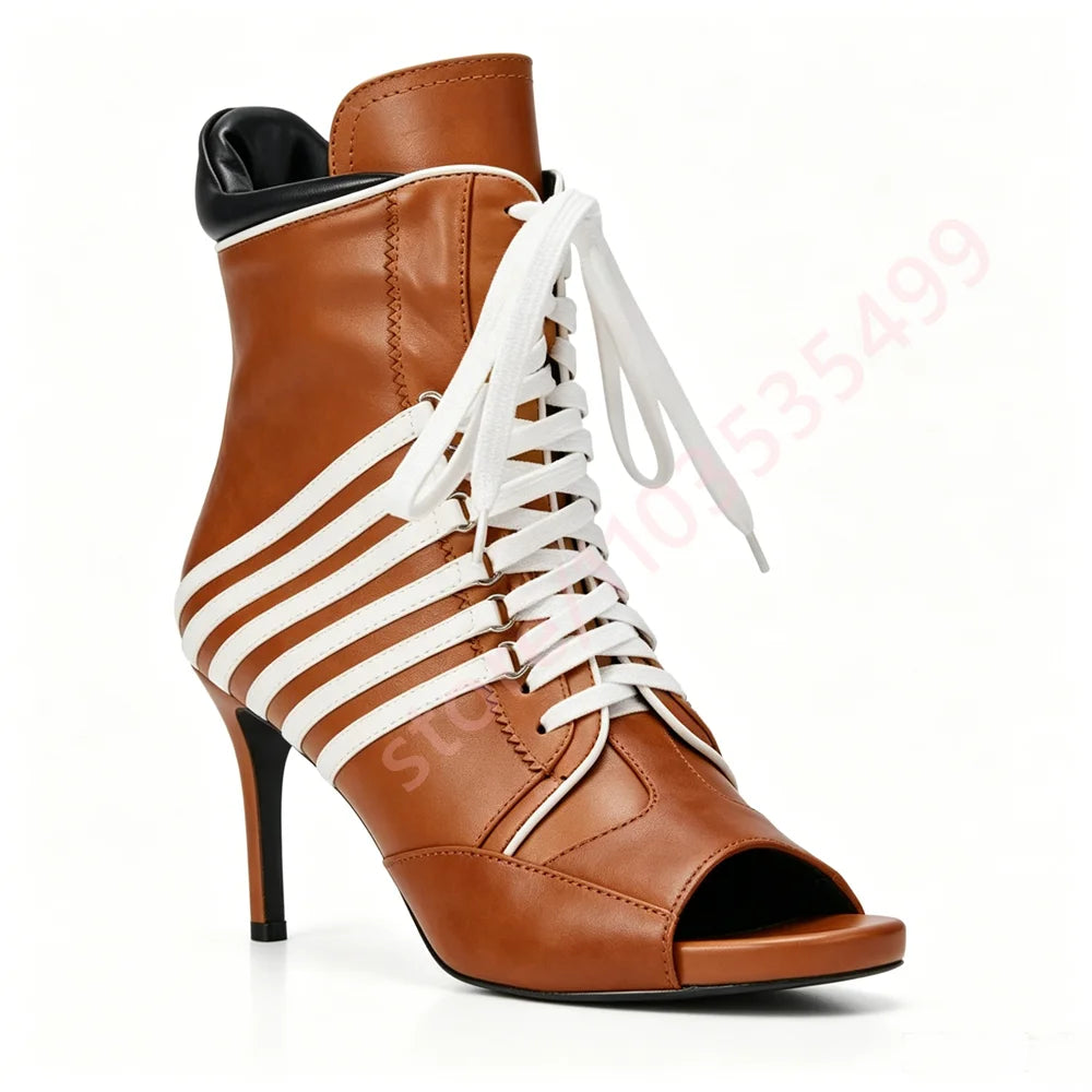 2026 Summer New Style Striped Peep Toe Ankle Boots Women Front Lace Up Thin Stiletto High Heel Fashion Streetwear Booties
