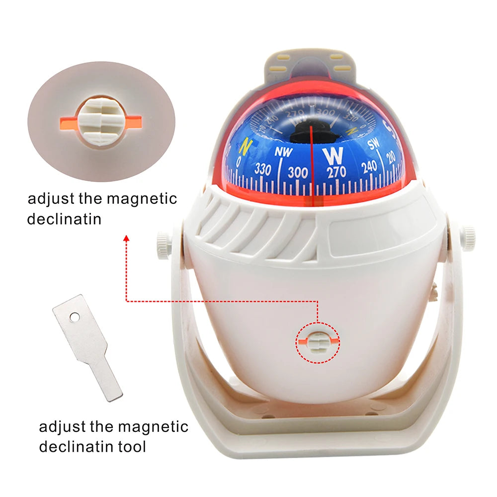 For Boat Yacht Car Waterproof Navigation Compass With Electronic LED Light White/Black Marine Sea Pivoting Marine Compass