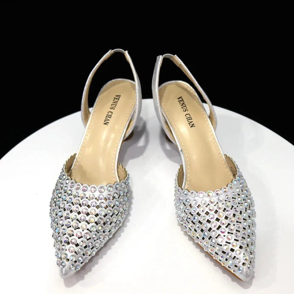 Multicolor Rhinestone Heels & Bag Set | Crystal Pointed Slingback Pumps, Women Wedding Bridal Evening Party Matching Shoes Handb