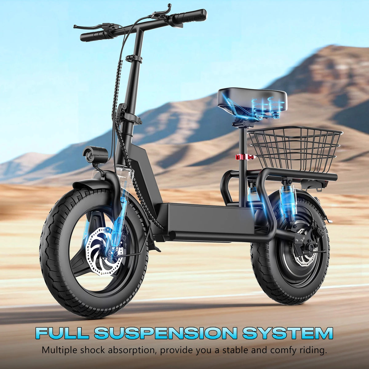 ASKGO Adult Foldable Electric Scooter with Seat, 1000W Peak Motor, Up to 25MPH, 35-Mile Long Range, 48V 15Ah Battery, 14" Tires, Dual Suspension, Commuting E-Scooter Equipped with Rear Basket