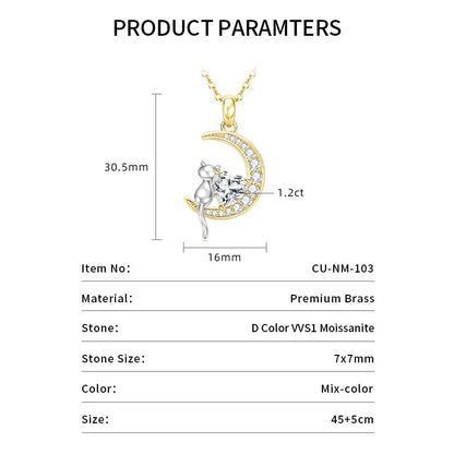 Celestinova GRA Certified 1.2ct Moissanite Moon Cat Pendant Necklace 14K Gold Plated Heart Cut Fine Jewelry Gift for Women