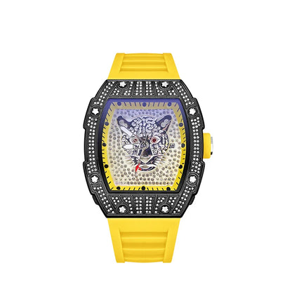 Tonneau Hollow Diamond Leopard Dial Quartz Watch Men Luxury Luminous Fashion Waterproof Rubber Sport Watches Men Steel Men Clock