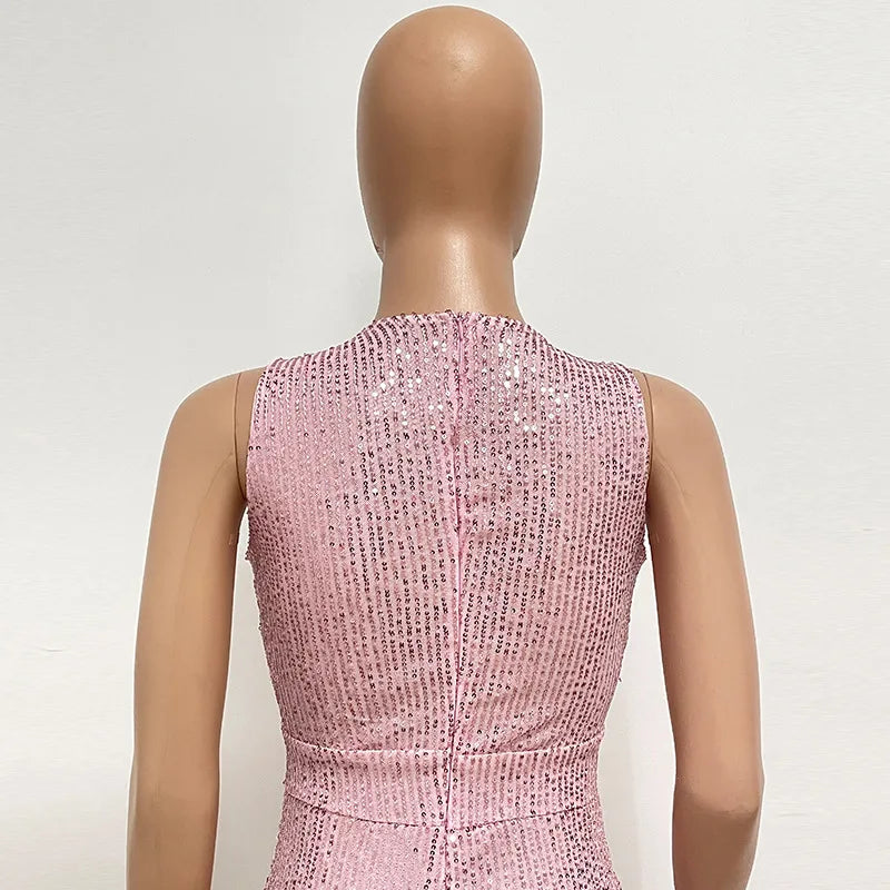Bling Bling Sequined Club Jumpsuit Sexy Women O-neck Elegant Shiny Sliver Gold Sequins Straight Romper Overalls