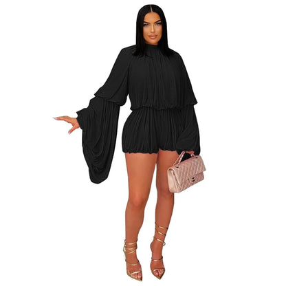 Jumpsuits Women One Piece Mock Neck Full Sleeve Short Pants Pleated Loose Elastic Waist Y2k Streetwear Jumpsuit Solid Work 2026