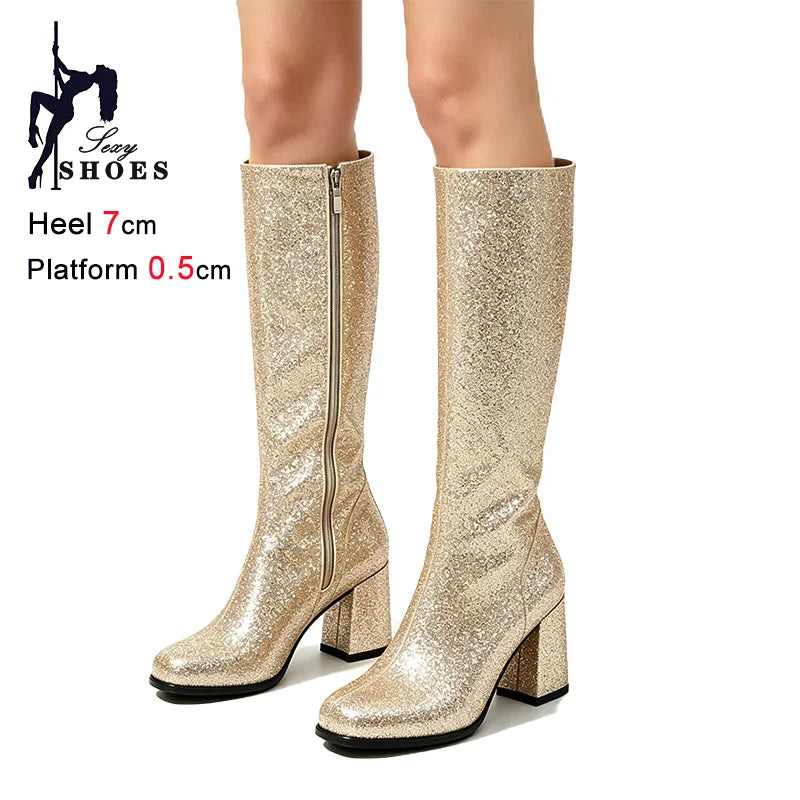 7CM Block Heel Pink Glitter Knee High Boots Women Square Toe Side Zipper Fashion Long Shoes Party Nightclub Long Pipe Booties
