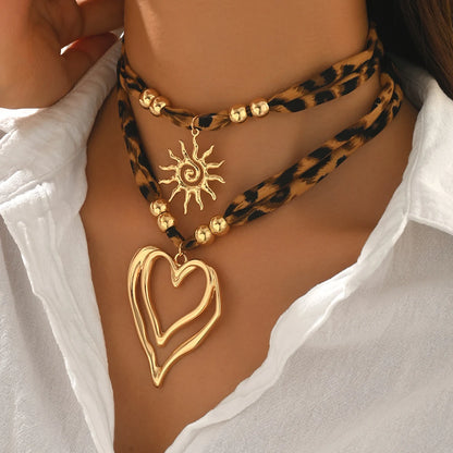 Leopard Print Layered Ribbon Choker Necklace Gold Y2K Heart Sun Pendant Adjustable Bohemian Jewelry for Women