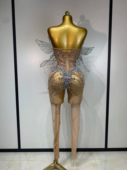 Sparkly Silver Diamond Butterfly Strapless Sheer See Through Jumpsuit Eveing Party Birthday Bar Nightclub Sexy Stage Costumes