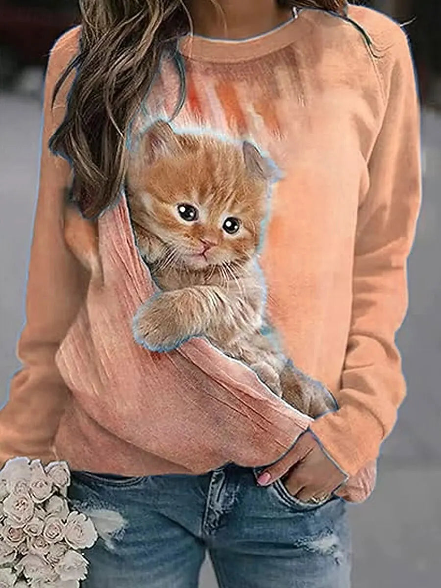 2025 Fashion Women's Cute Cats Graphic Sweatshirt 3D Print O-Neck Long Sleeve Tops Women's Apparel Y2K Streetwear Fall Pullover