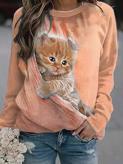 2025 Fashion Women's Cute Cats Graphic Sweatshirt 3D Print O-Neck Long Sleeve Tops Women's Apparel Y2K Streetwear Fall Pullover
