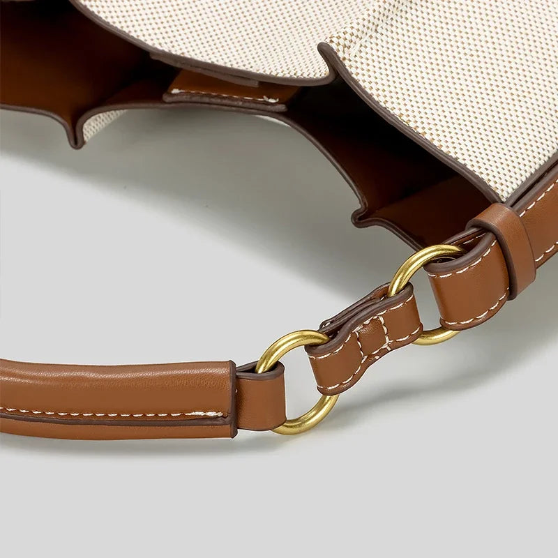 Fashion Panelled Canvas Bucket Bag Designer Women Handbags Luxury Pu Leather Shoulder Crossbody Bags with Wide Strap Tote Purses