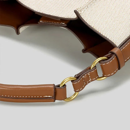 Fashion Panelled Canvas Bucket Bag Designer Women Handbags Luxury Pu Leather Shoulder Crossbody Bags with Wide Strap Tote Purses