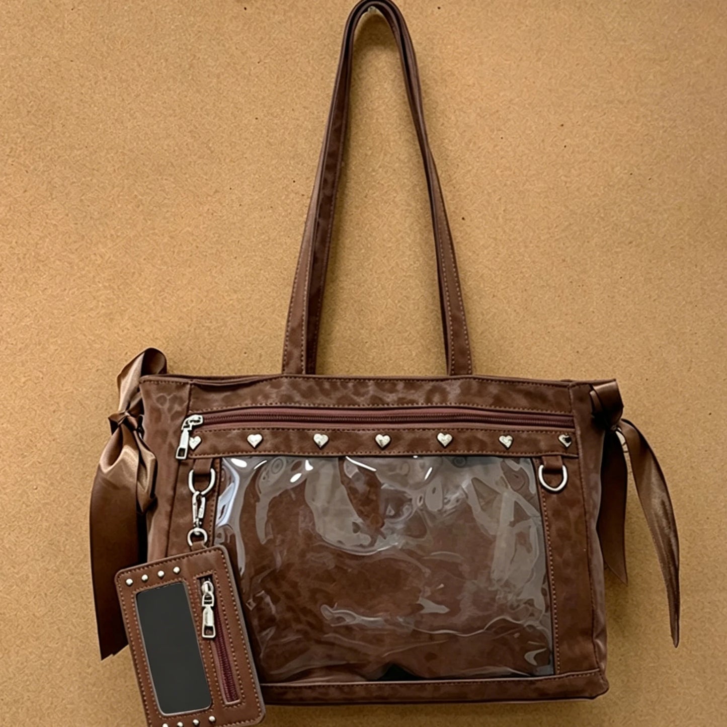 Women PU Leather Leopard Pattern Shoulder Bag with Ita Card Purse Pin Display Ribbon Ita Bags Daily Shopping Dating Shoulder Bag