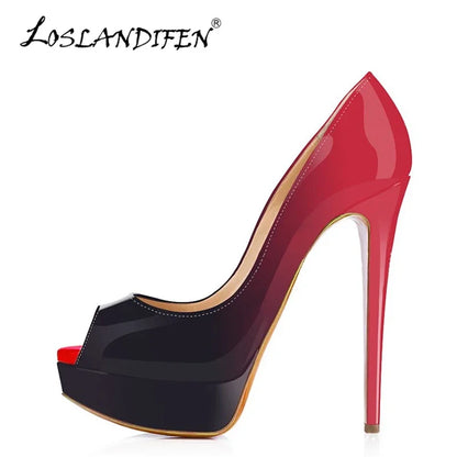 Women Pumps Sexy Platform Peep Toe 14cm Extremely High Heels Woman  Patent Leather Nighclub Red Wedding Shoes Gradient Stiletto