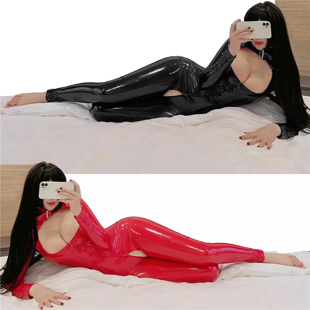 Sexy Bust Hollow Out Shiny PVC Bodysuits Zipper Open Crotch Sexy Tight PU Faux Leather Latex Shiny Cosplay Stage Wear Wetlook