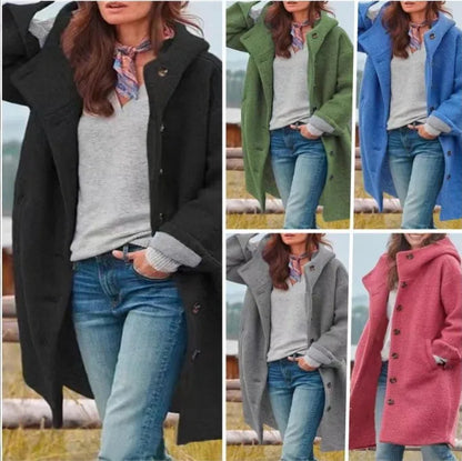 Manteaux Femme Winter Warm Woolen Coat Solid Color Manteau Femme Hooded Fashion Womans Clothing Single-breasted Hooded Long Coat