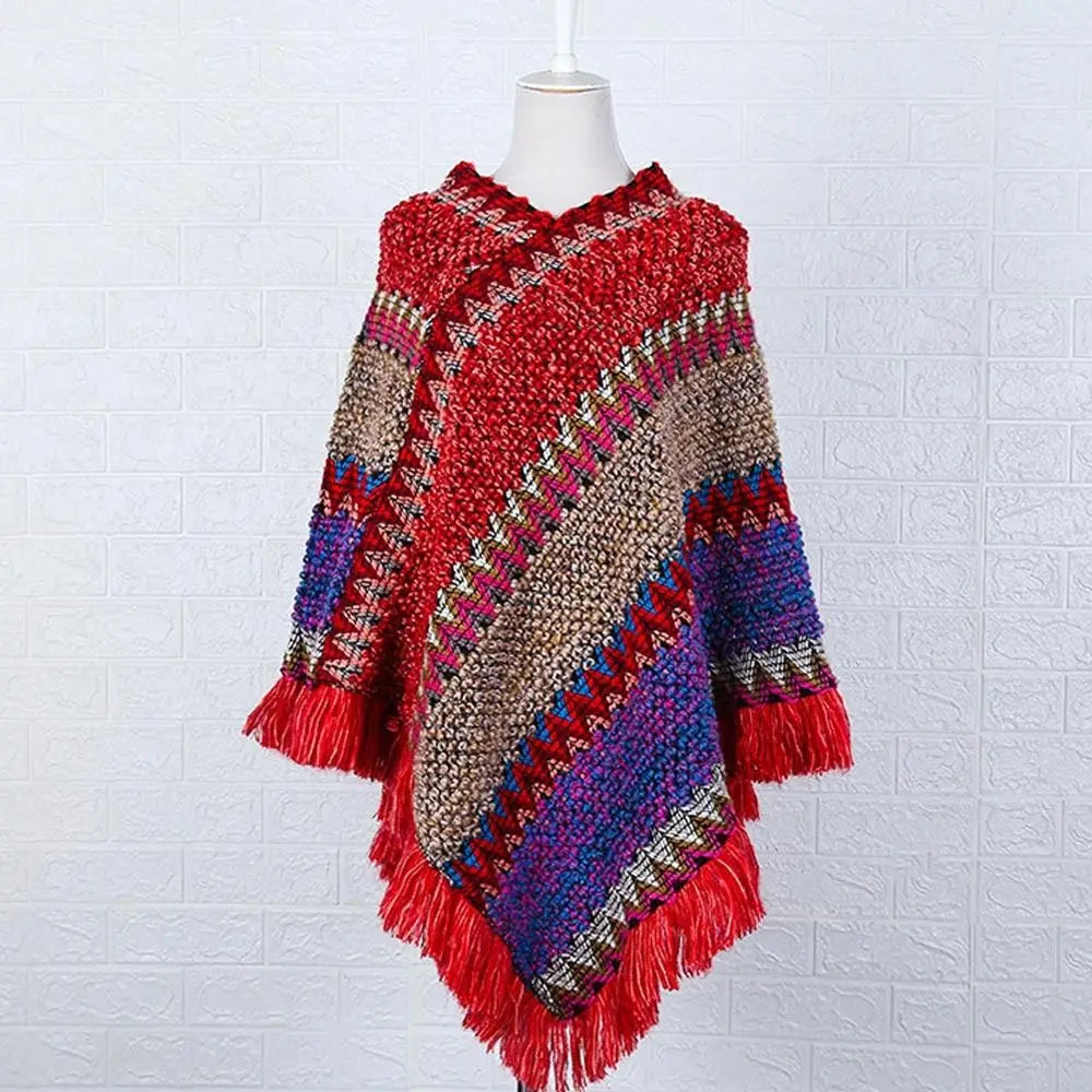Coat Overlays Winter Warm Mongolian Poncho Striped Polyester Knitting Wraps Ethnic Style Pullover Tassel Shawl Women Fashion