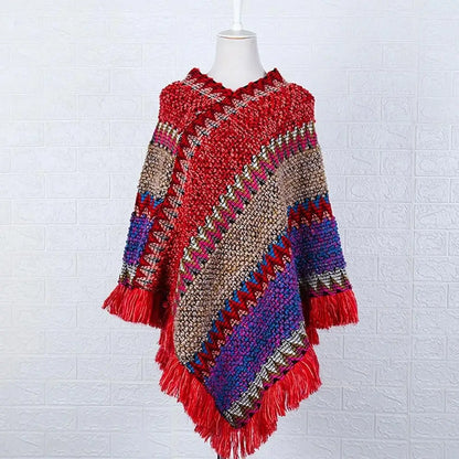 Coat Overlays Winter Warm Mongolian Poncho Striped Polyester Knitting Wraps Ethnic Style Pullover Tassel Shawl Women Fashion