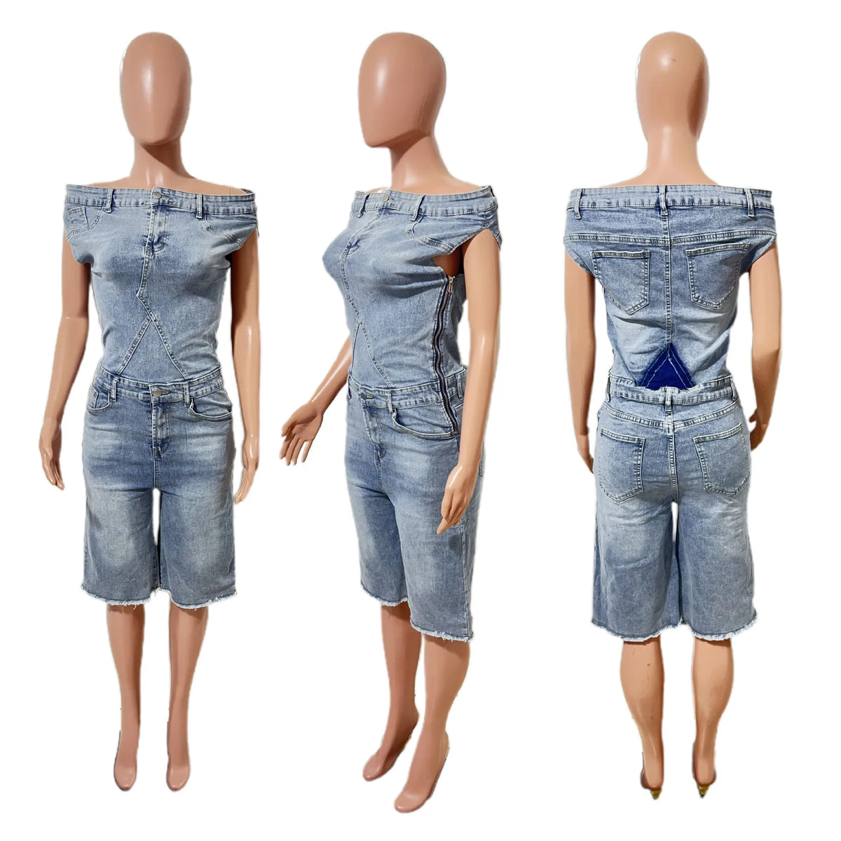 Jumpsuits Women Denim One Piece Short Sleeve Overalls Knee Length Pants Tight Waist Rompers Y2k Streetwear Slash Neck 2026