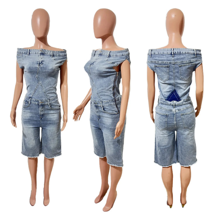 Jumpsuits Women Denim One Piece Short Sleeve Overalls Knee Length Pants Tight Waist Rompers Y2k Streetwear Slash Neck 2026
