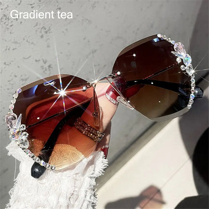 Vintage Cutting Lens UV400 Women Sun Glasses Gradient Rimless Sunglasses Rhinestone Sunglasses