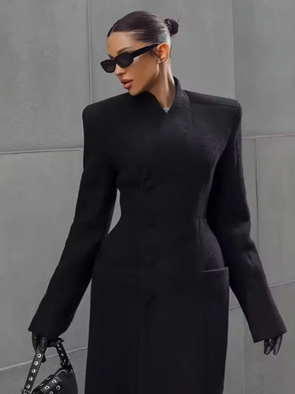 HH Woman Winter Fashion Single-breasted Long Sleeves Waist Long Coat Female Stand-up Collar Pockets Warm Solid Woolen Coat