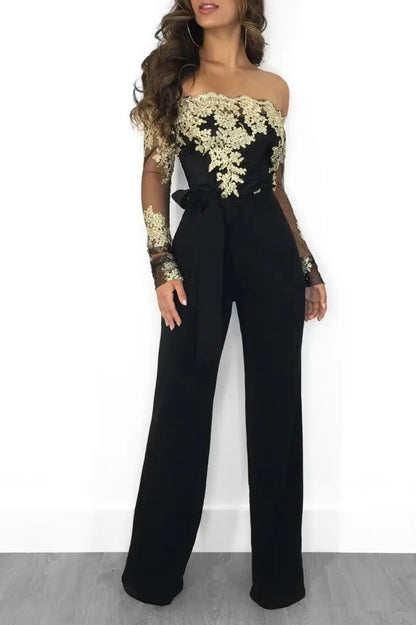 Womens Elegant Off Shoulder Long Pants Wide Leg Jumpsuits Floral Embroidery Lace See Through Cocktail Club Party Evening Rompers