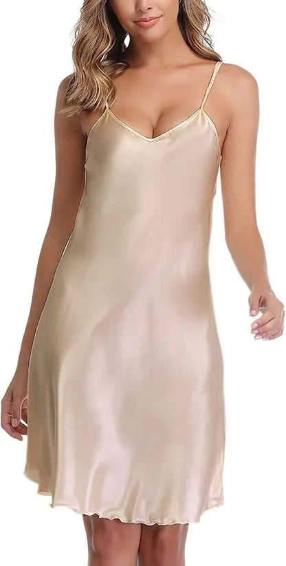 Women's Sexy Silk Satin Night Dress Sleeveless Nighties V-neck Nightgown Nightdress Plus Size Sleepwear Nightwear