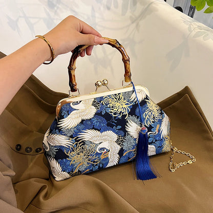 Designer Bamboo Handle Handbag Retro Embroidery Women Evening Bag High-end Nylon Crossbody Bag Luxury Lady Shoulder Bags Satchel