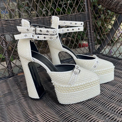 2026 Women's Shoes 14cm Thick Heel Pointed Sandals 35-41 High Heel Waterproof Platform Woman Shoes Wedding Dress Luxury Pearl