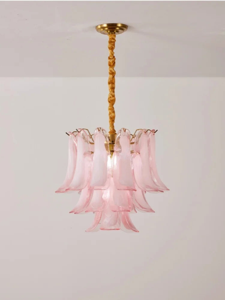 French Murano Petal Glass Chandelier Dining Table Living Room Antique Style Pink Petal Glass Pendant Chandelier Lights Bedroom