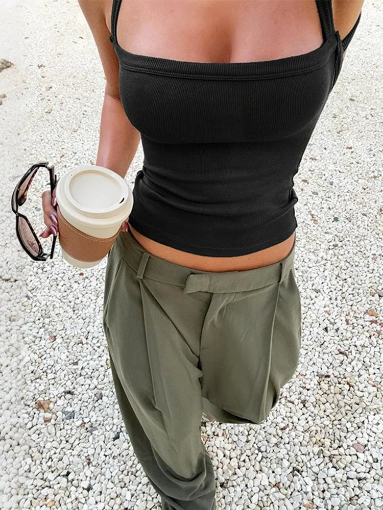 Low-Neck Vest Women Cross Shoulder Strap Solid Skinny Stretch Sexy Midnight Hottie Beach Party Sporty Basis Tops