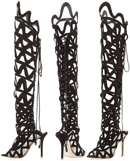 Sexy Rivet Hollow Super High Heels Shoes Women's Steel Pole Dance Over the Knee Boots Women Summer Mesh Peep Toe Sandals