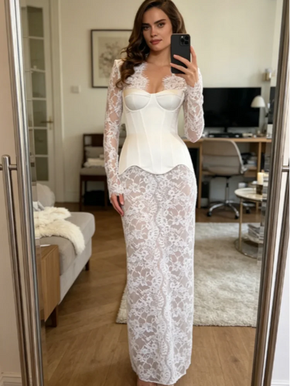 Elegant White Lace Corset Dress For Women Chic Bustier Top Long Sleeve Sheer Lace Maxi Gown 2026 New Lady Date Party Vestidos