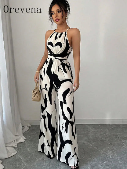 Summer Women's Sexy Halter Neck Jumpsuit Casual Pants Jump Suits For Women Geometric Print Jumpsuit Party Outfits For Women
