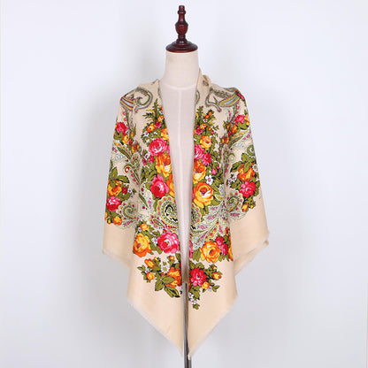 Russian Women Big Size Square Scarf Luxury Floral Print Bandana Wraps Female Retro Short Tassel National Shawl