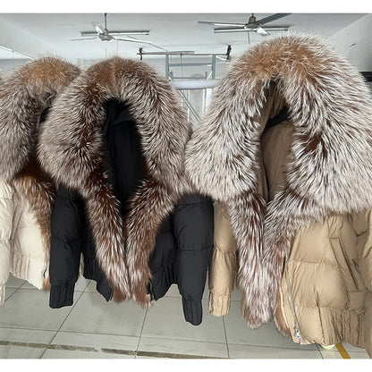 MMK 2023 Winter Women Warm White Duck Down Jacket Natural Real Fox Fur Collar Hood Puffer Coat Thick Luxury Outerwear