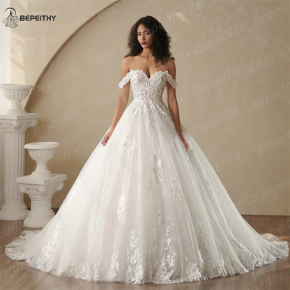 BEPEITHY Customized Princess Off Shoulder Sleeveless Ball Bride Wedding Dresses For Women 2025 Ivory Lace Glitter Bridal Gown