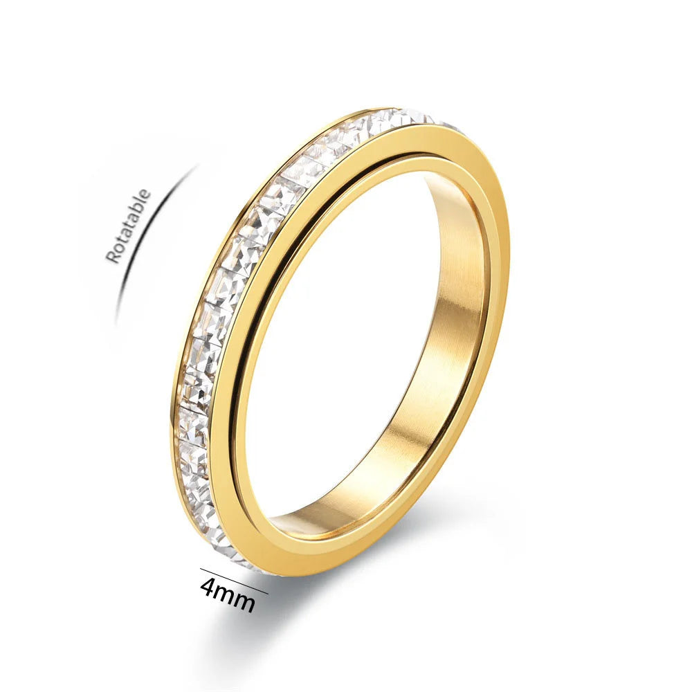 Fidget Anxiety Anti-stress Ring Women's 4mm Gold Silver Color Stainless Steel Crystal Rotatable Spinner Rings for Woman Jewelry