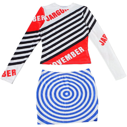 Weird Puss Art Thread Print 2-Piece Set Women Half Turtleneck Full Sleeve Crop Top+Simple Shirt Music Festival Fashion Slim Suit
