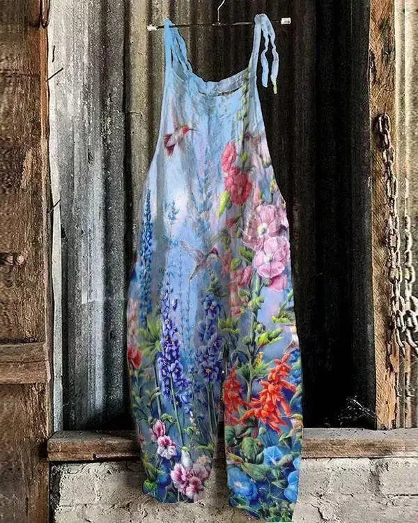 Vintage Style Jumpsuit Women Casual Floral Rompers Loose Boho Casual Jumpsuits Sleeveless Print Strappy Jumpsuit 2024 New