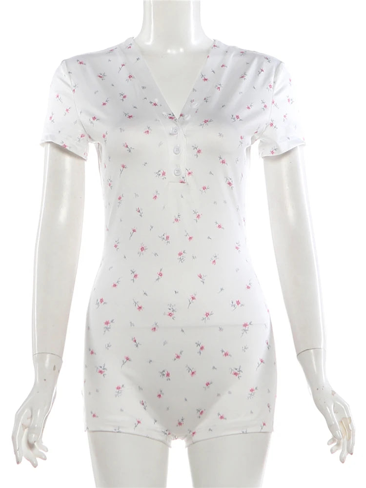 Weird Puss Floral Print Playsuit Women Casuals Simple Lace Patchwork Single-Breasted V-Neck Trend Chic Skinny Sporty Streetwear