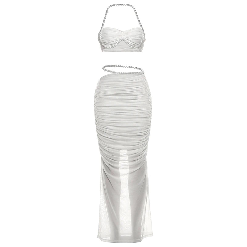 Weird Puss Sexy Bead Patchwork 2-Piece Set Women Ruched Halter Bra+Waistless Bottom Matching Elegant Beach Vacation Slim Outfits