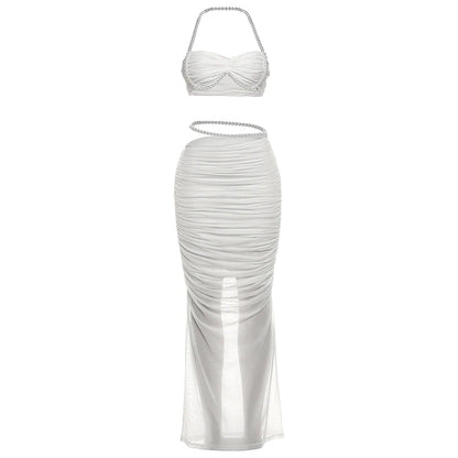 Weird Puss Sexy Bead Patchwork 2-Piece Set Women Ruched Halter Bra+Waistless Bottom Matching Elegant Beach Vacation Slim Outfits